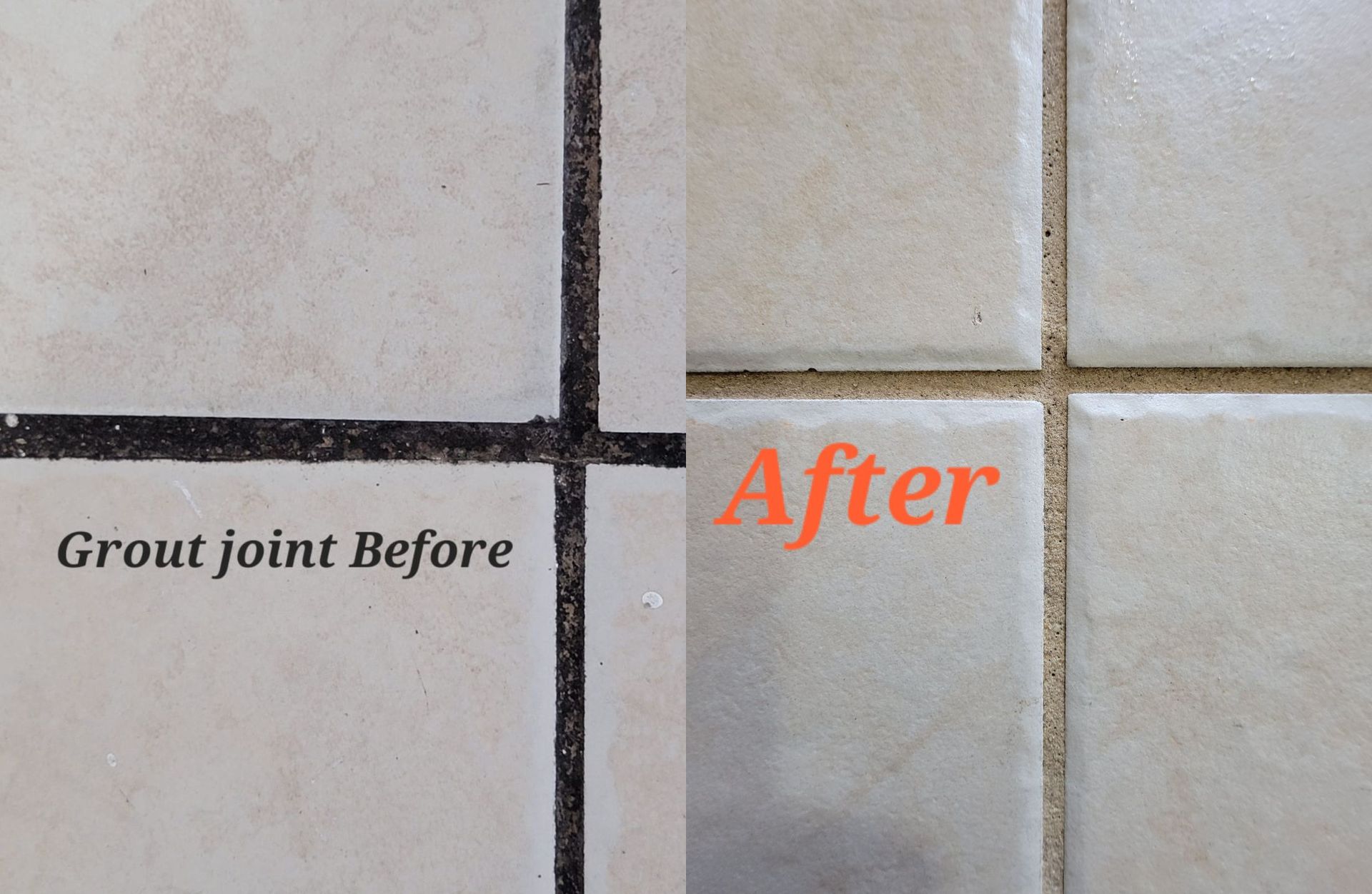 Close-up of tiled floor grout before and after cleaning, labeled “Grout Joint Before” and “After.”