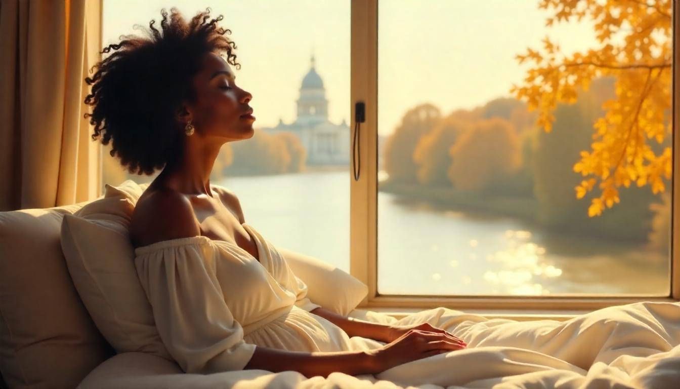 Woman with Chronic Pain Using Hypnotherapy to help with her pain sitting in her downtown apartment meditating