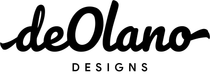 Logo for de Olano Designs; black cursive text above 