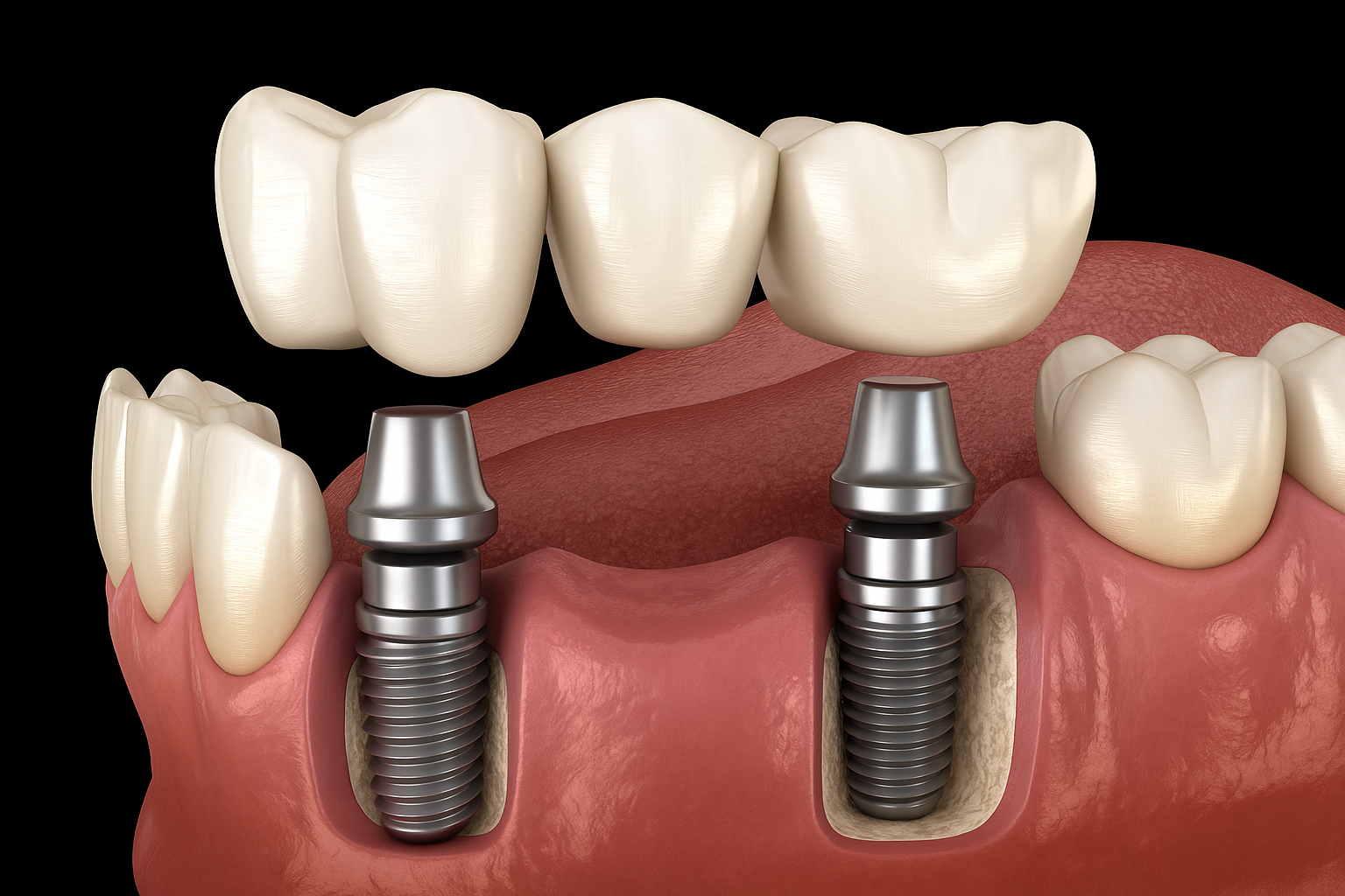 Dental implant bridge: prosthetic teeth supported by two titanium implants in jawbone, anatomical view at McMahon Dental.