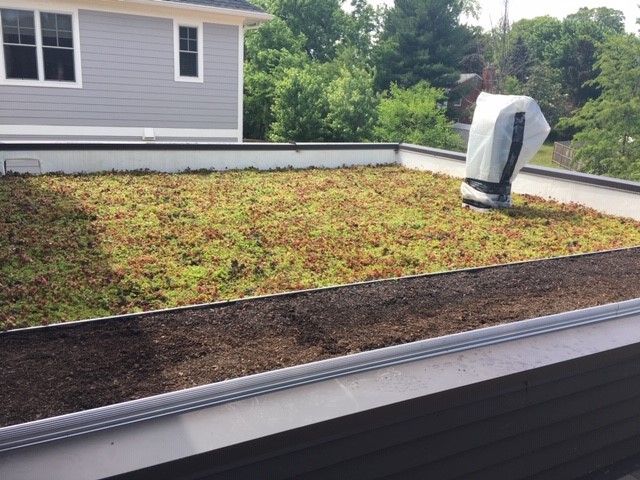 Green roof on a house with a gray exterior, and a large object wrapped in white plastic.