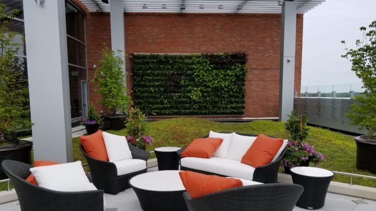 Outdoor patio with black wicker furniture, orange and white cushions, and a green wall.
