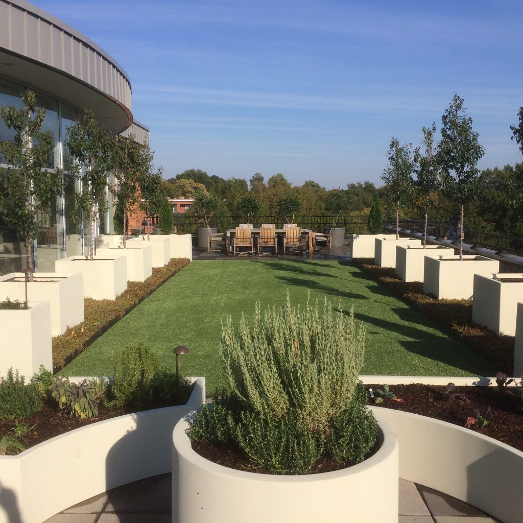 Rooftop patio with green turf, white planters, and wooden furniture, surrounded by trees under a blue sky.