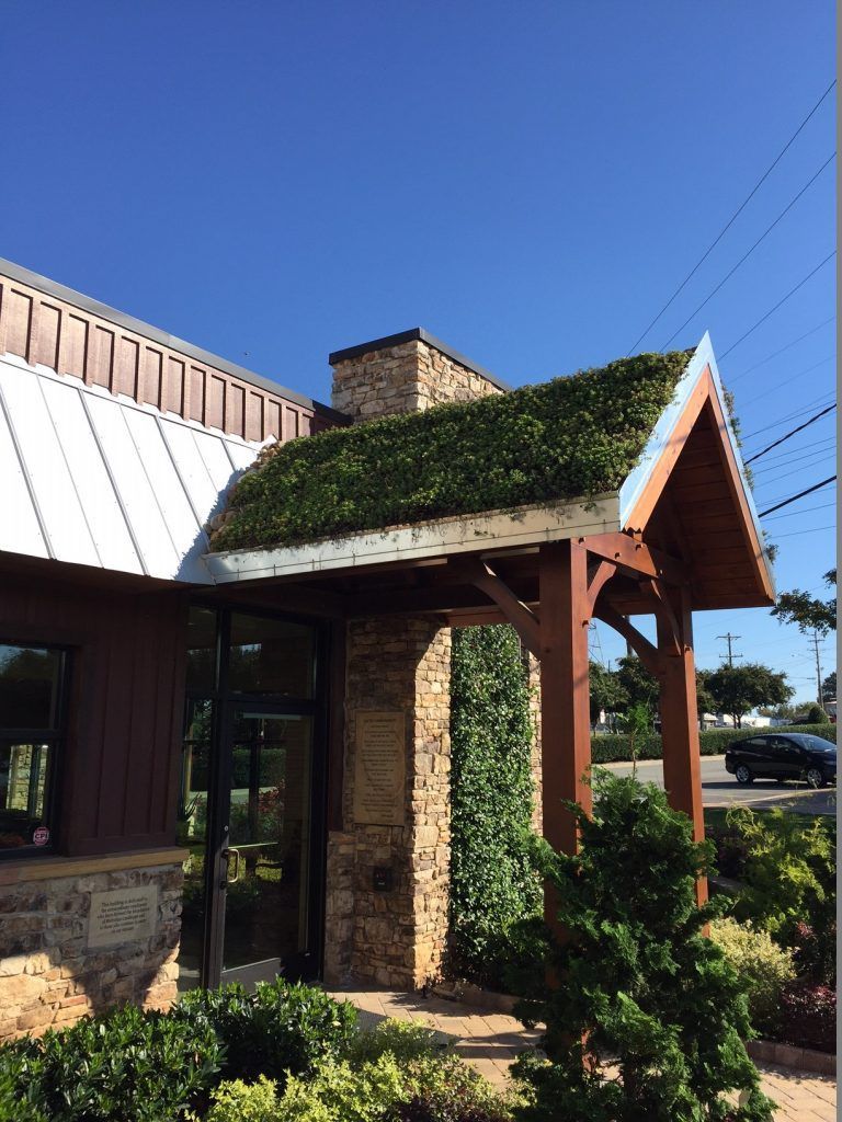 Building entrance with green roof, brown and stone accents, blue sky.