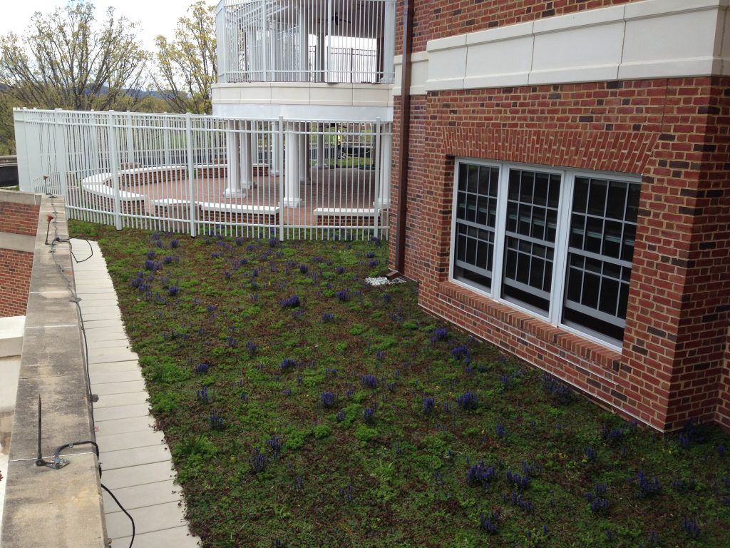 Green roof on a brick building with a white railing and windows.
