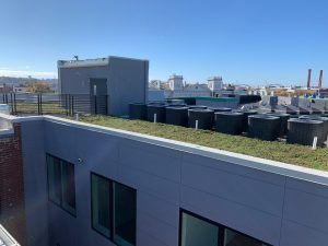 Rooftop with green vegetation, AC units, and a small gray building under a blue sky.
