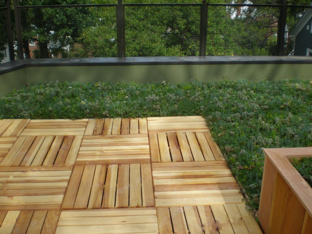 Wooden deck with green plant ground cover, tan wall, and a green fence in the background.