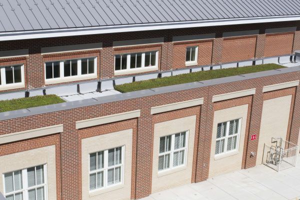 Brick building with windows and a green roof.