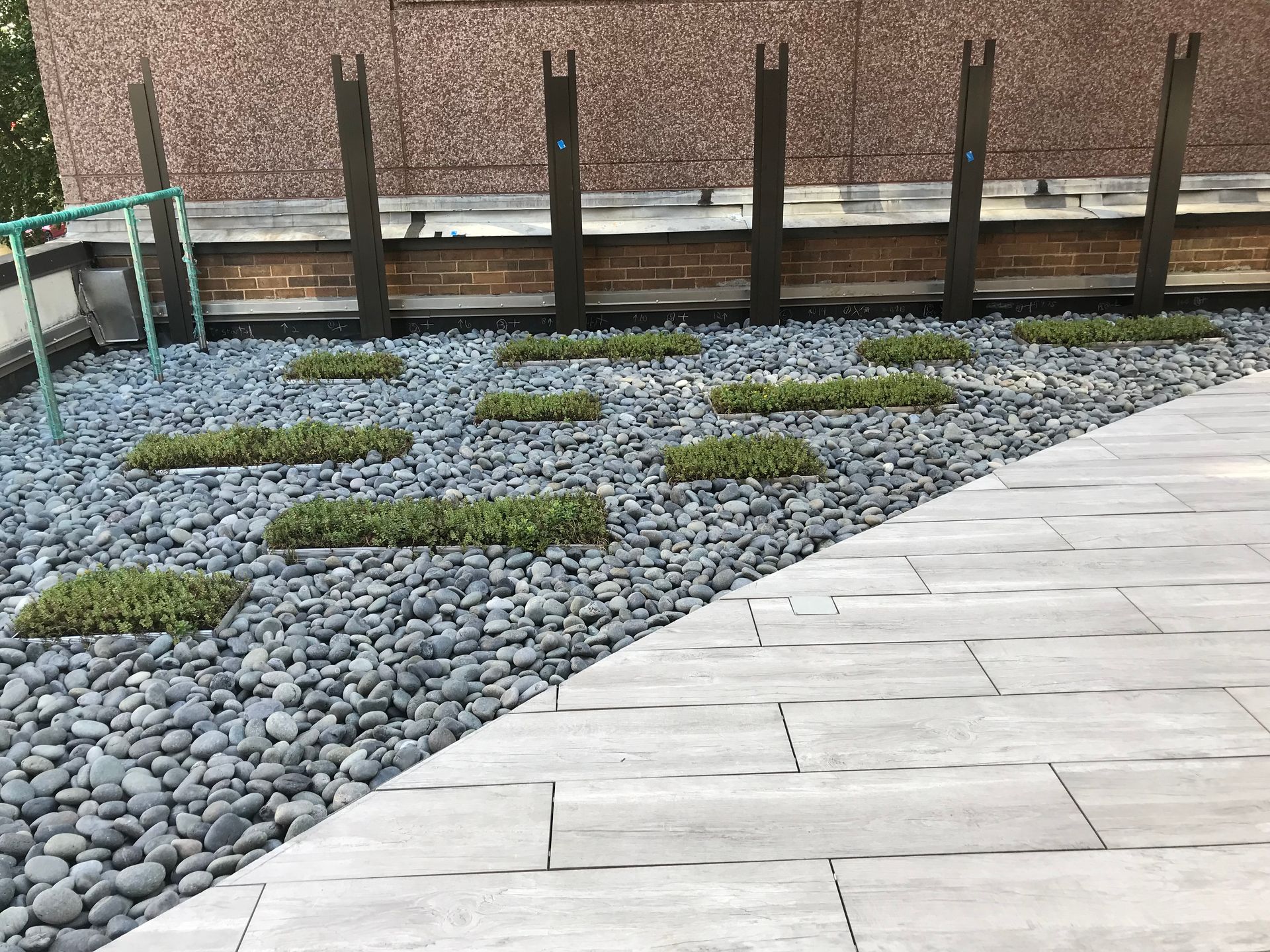 Patio with grey stone tiles and dark pebbles. Small green plants are in rows.
