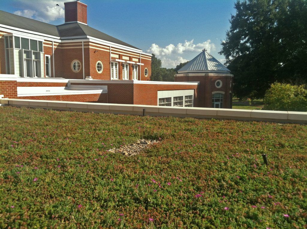 Green roof in front of brick building with white trim. Blue sky and trees in the background.
