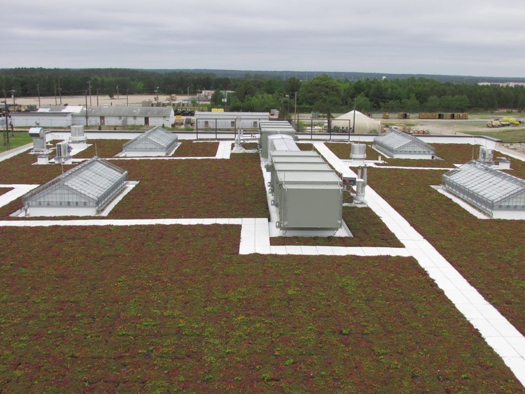 Green roof with white walkways and rooftop equipment, overcast sky, rural setting.