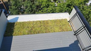Rooftop deck with green vegetation patch and gray composite decking. Black railing on right.