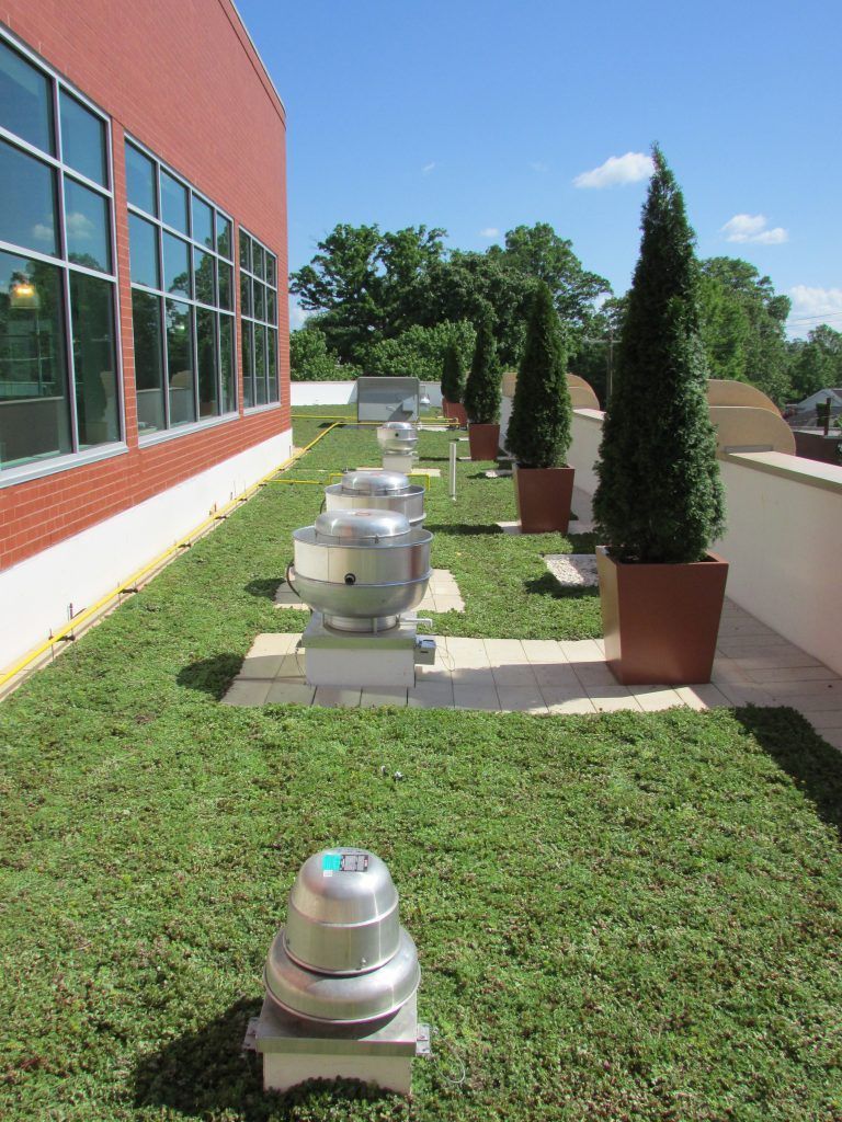 Green roof with ventilation units and potted trees on a building with large windows and a red brick exterior.