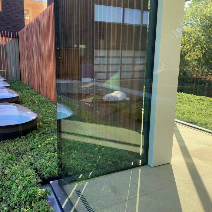Exterior view: modern glass wall reflecting greenery, adjacent to a wooden fence and grassy area.