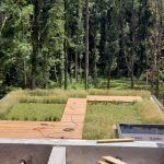 Outdoor space with green roof, wooden walkways, and surrounding trees.