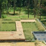 Wooden decks and grassy areas surrounded by trees.
