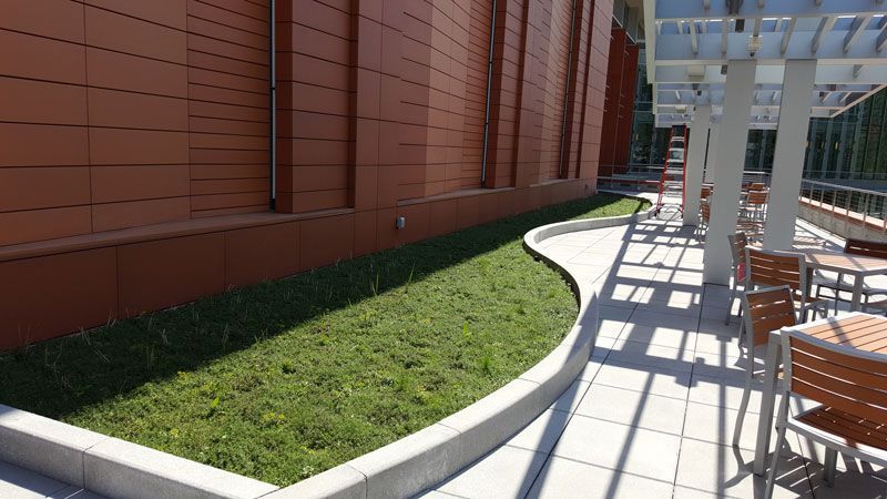A building exterior with a grassy area and a patio with tables and chairs.