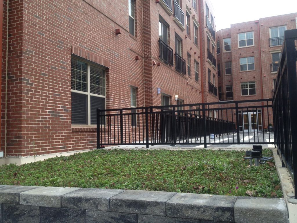 Red brick building with black railing, small green ground cover, gray stone retaining wall.