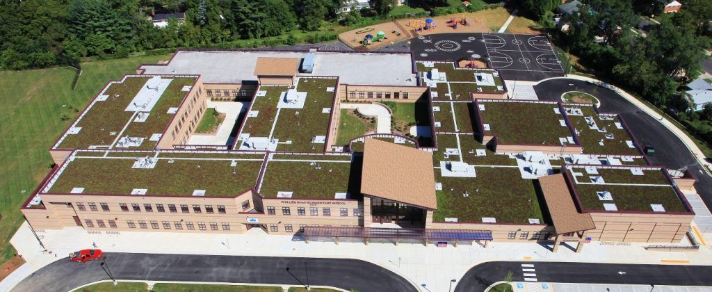 Aerial view of a school with green roofs, a playground, and a parking lot.