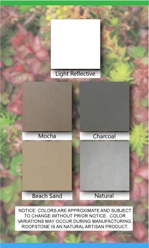 Color swatches: Light reflective white, Voda, Charcoal, Beach Sand, and Natural, set against a leafy background.