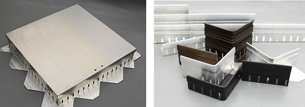 Two photos of assembled cardboard packaging with interlocking pieces.