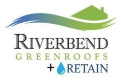 Logo for Riverbend Greenroofs, featuring flowing blue/green lines, a green