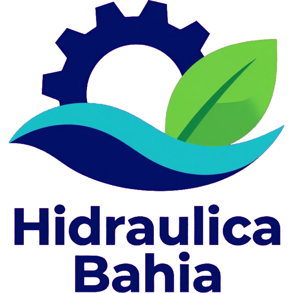 Logotipo para Hidraulica Bahia con un engranaje azul, una hoja verde y una ola azul
