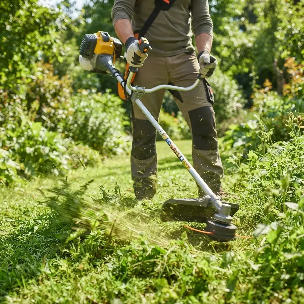 Una persona usando una desbrozadora para cortar hierba alta en un jardín soleado.