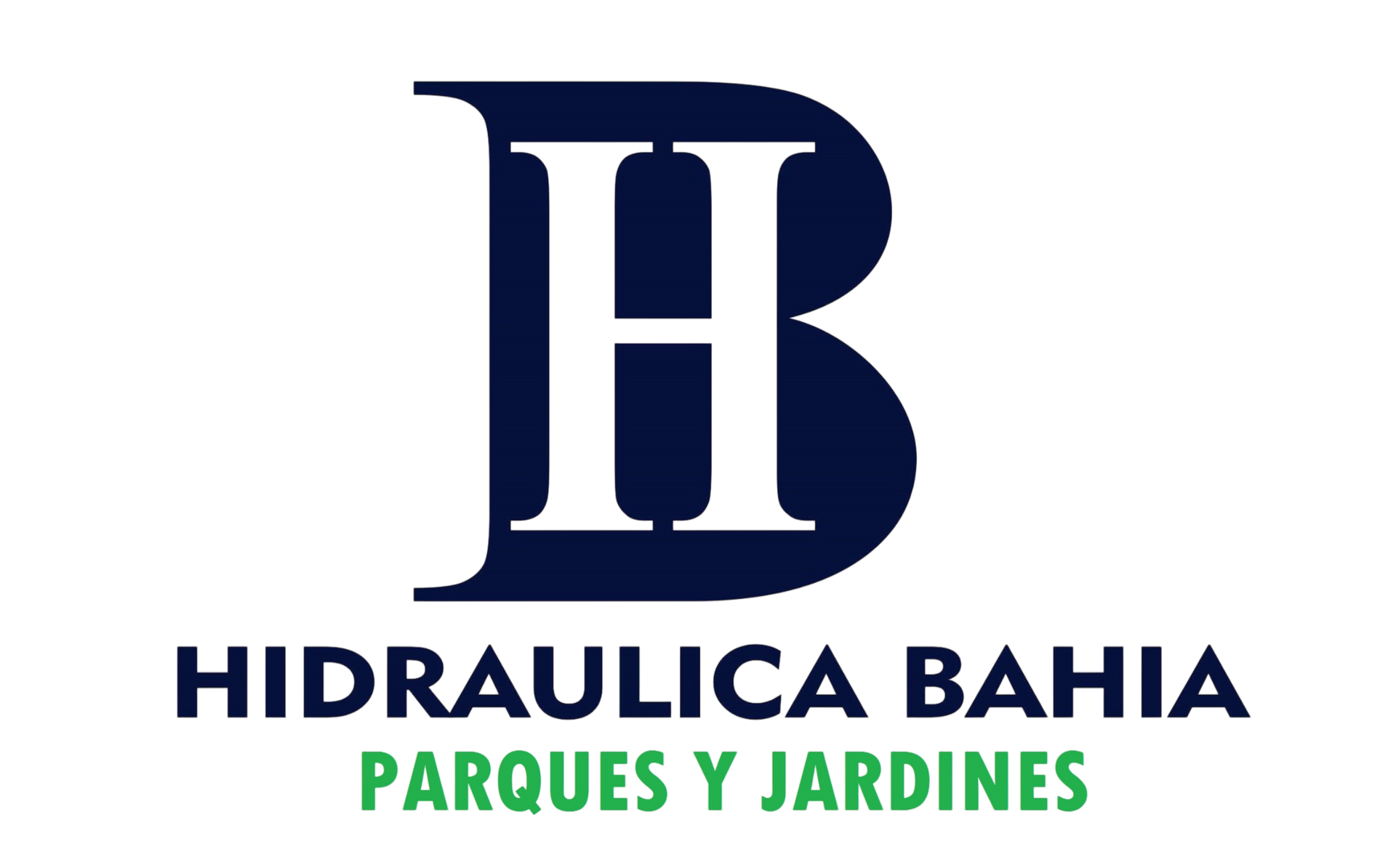 Logotipo para Hidraulica Bahia Parques y Jardines, con un monograma «HB» azul marino y el texto del subtítulo en verde