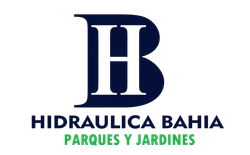 Logotipo para Hidraulica Bahia Parques y Jardines, con un monograma «HB» azul marino y el texto del subtítulo en verde