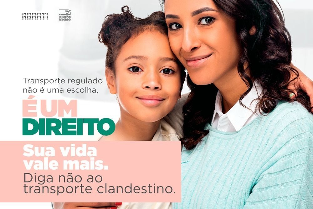 Mulher com criança e um texto no fundo incentivando o uso de transporte regular e legalizado