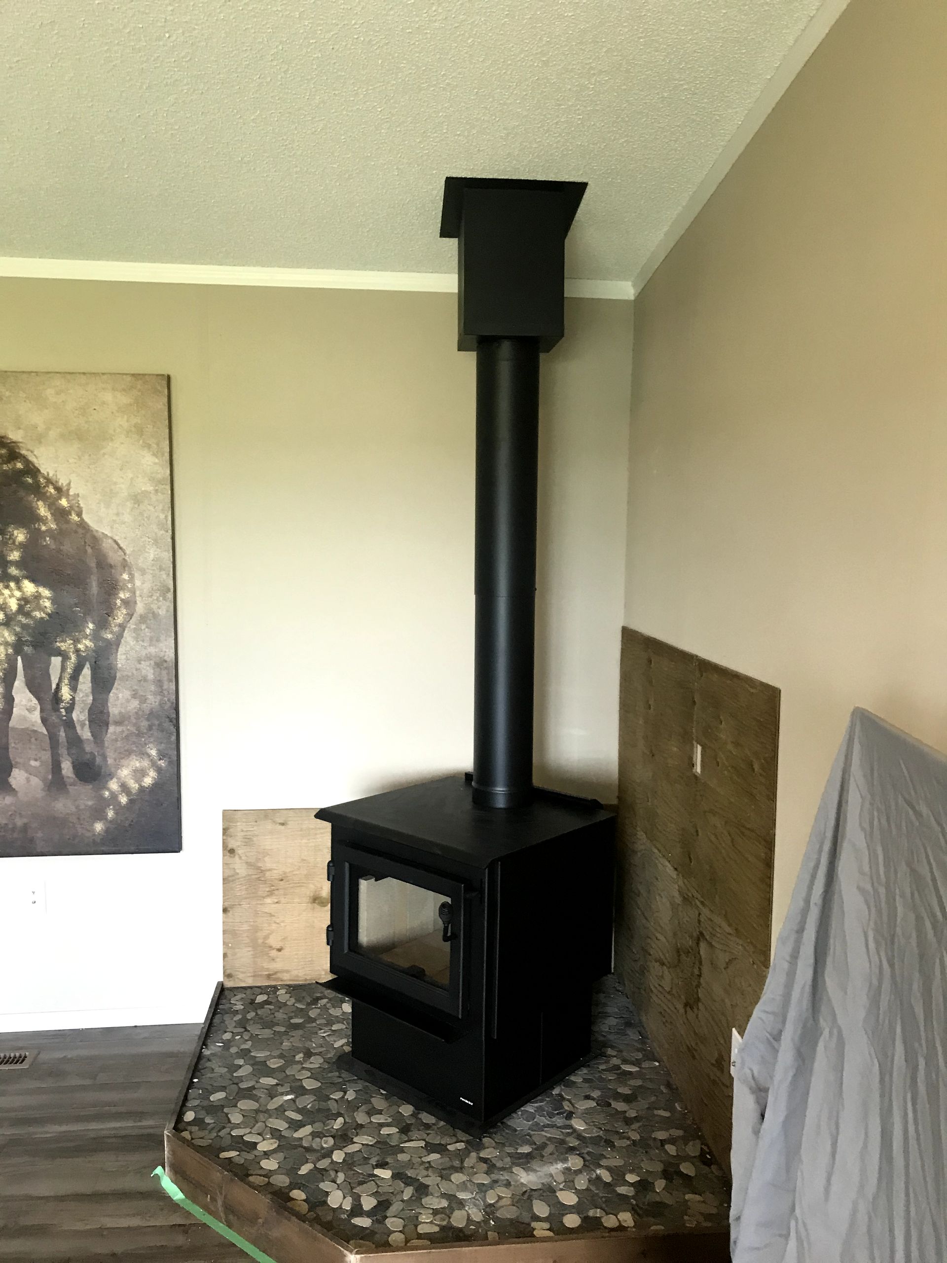 A wood stove is sitting in the corner of a living room next to a painting of a buffalo.