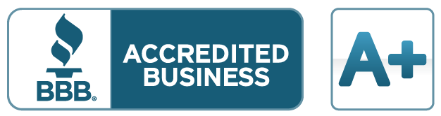 A blue and white badge that says accredited business