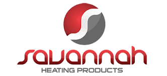 The logo for savannah heating products is red and gray