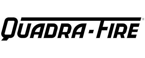 A black and white logo for quadra fire on a white background.