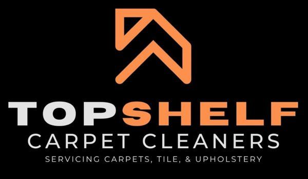 Logo for Top Shelf Carpet Cleaners. Orange and white text on black background. A shelf design is above the text.