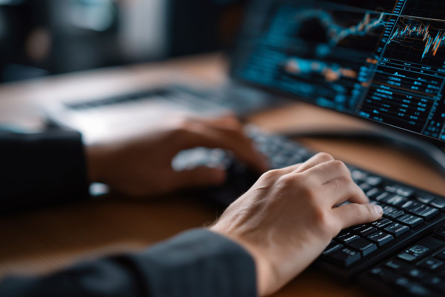 Hands typing on a laptop beside a monitor with code on the screen