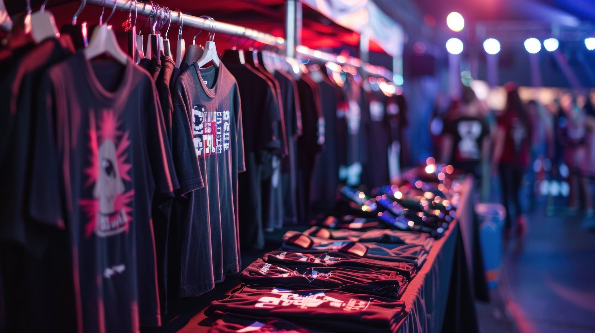 Rows of black T-shirts and folded apparel on display at a dimly lit clothing market stall