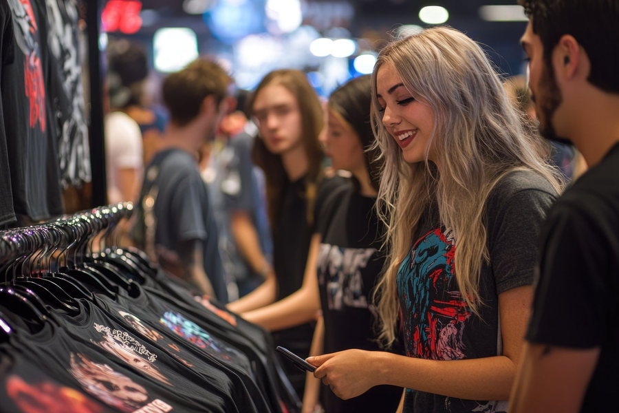Shoppers browsing graphic T-shirts at a crowded clothing market stall