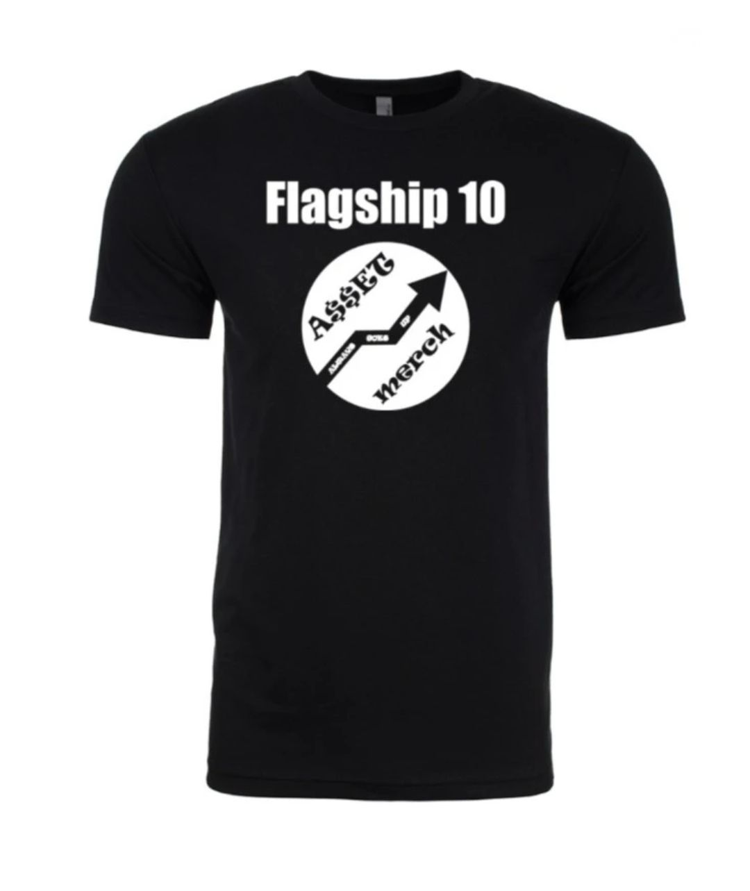 Black T-shirt with bold white text “Flagship 10” and a numbered list down the front.