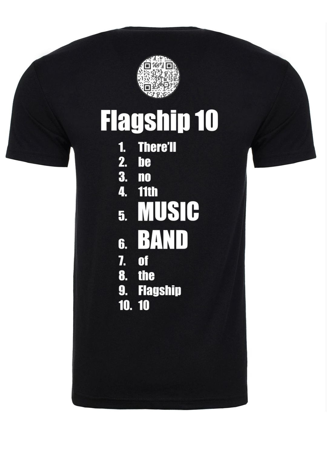 Black T-shirt with white text reading “Flagship 10” and “Classic JOUrNEY Live,” with a numbered list 1–10.