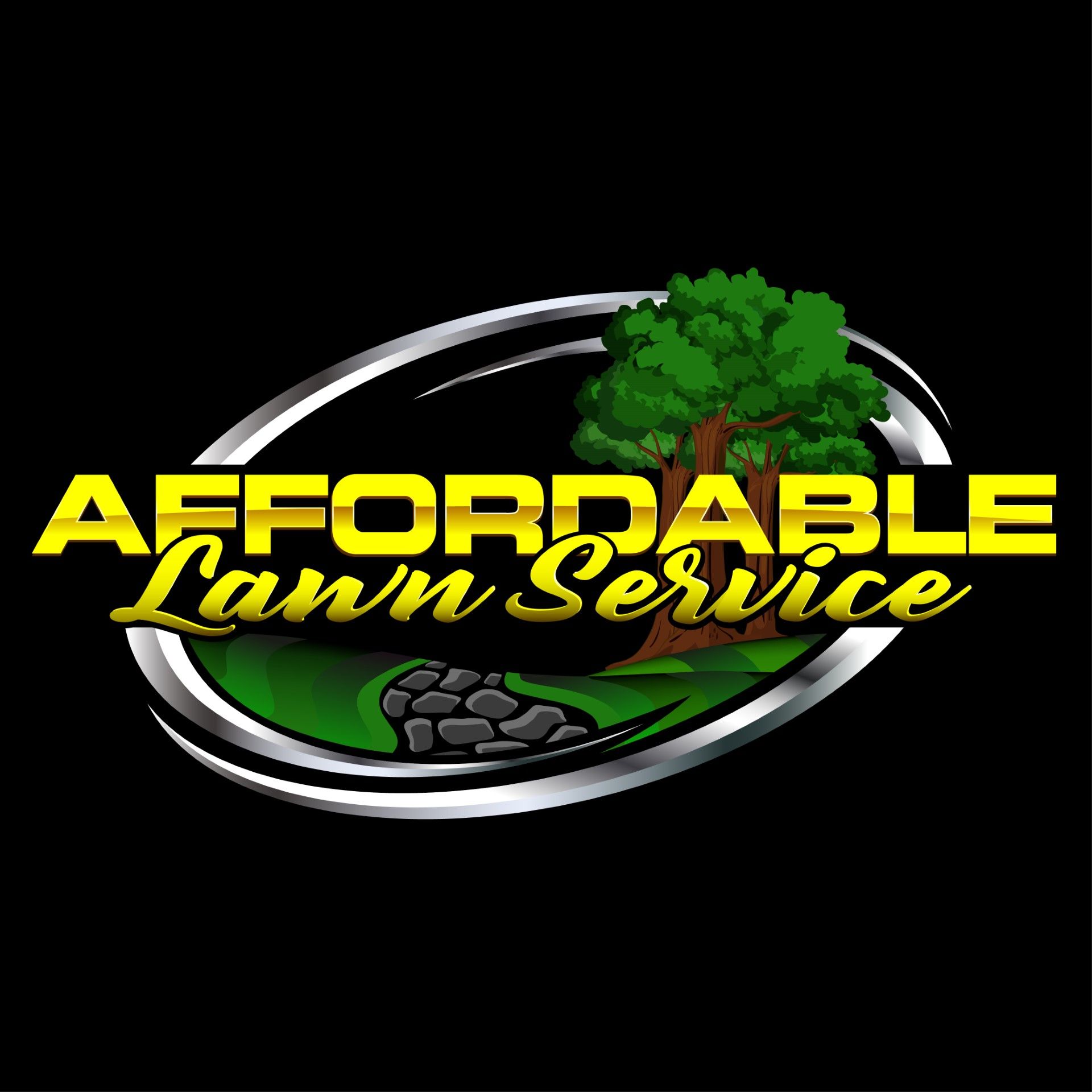 Affordable Lawn Service logo with yellow text, green grass, tree, and silver oval outline on black background