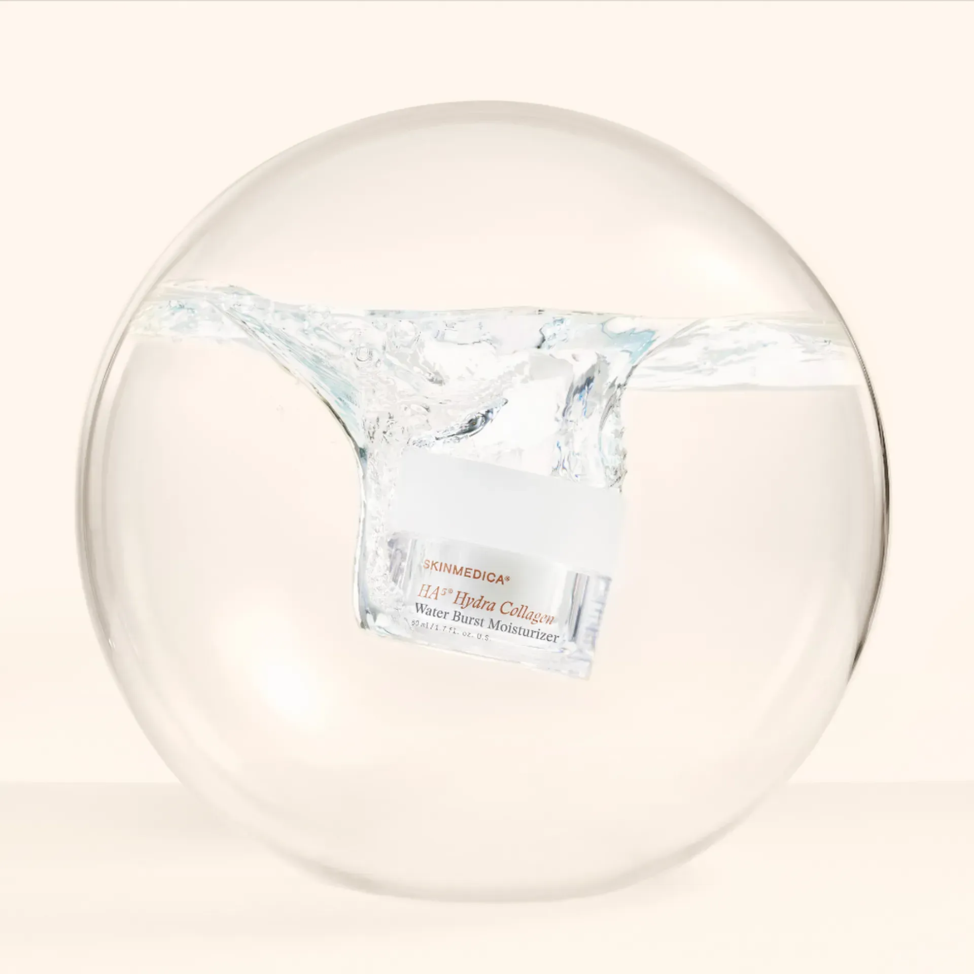 Clear bubble with a white cosmetic bottle suspended in water, centered on a pale background