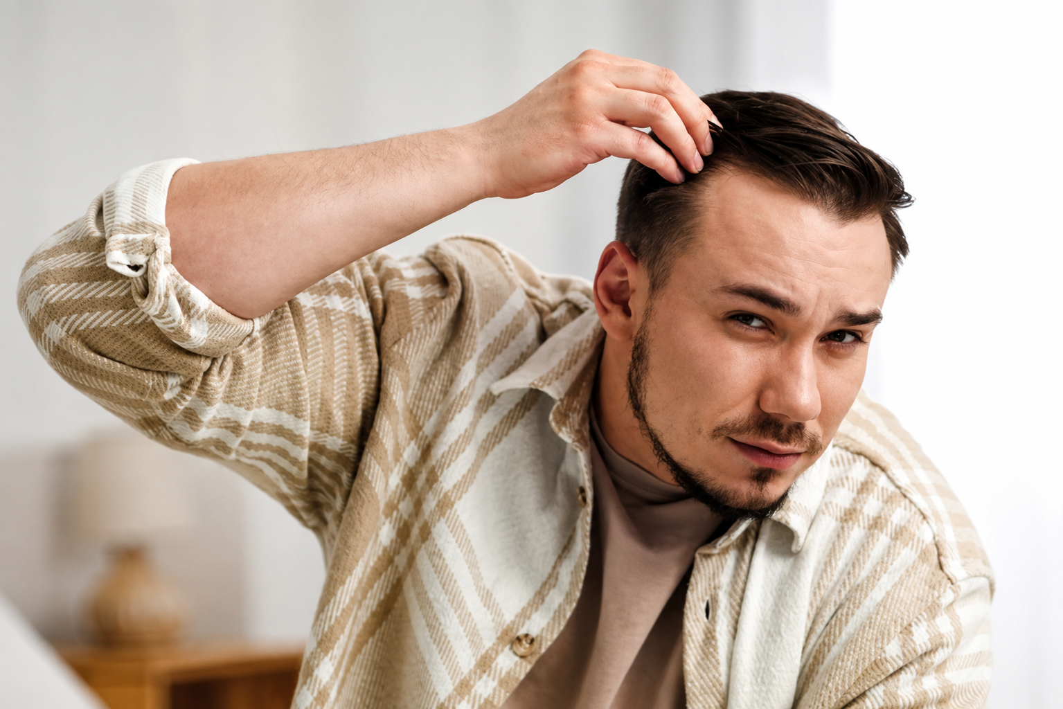 Man in a beige plaid shirt adjusting his hair in a bright indoor setting