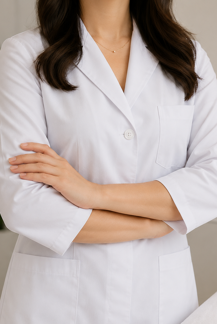 Person in a white lab coat standing with arms crossed against a light background