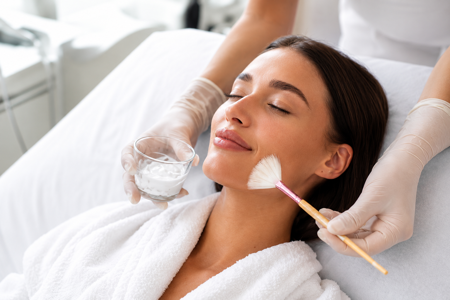 A woman receiving a facial treatment while lying on a spa bed, with gloved hands applying skincare tools.