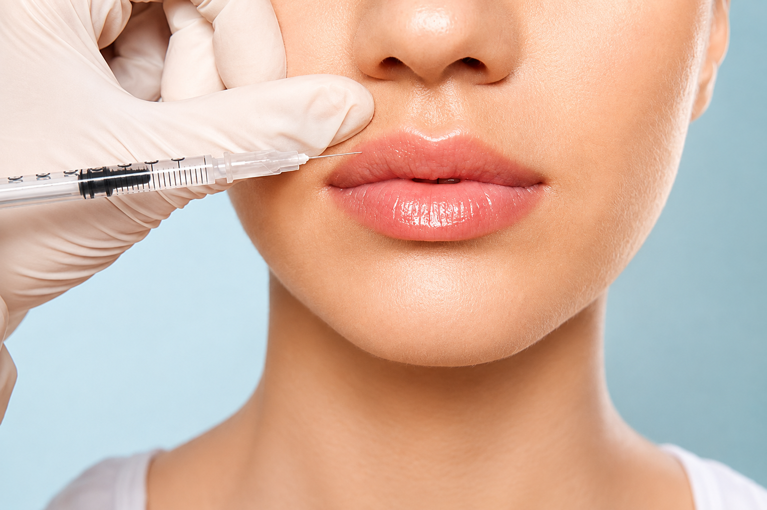 Close-up of lips being injected with a syringe by a gloved hand against a blue background