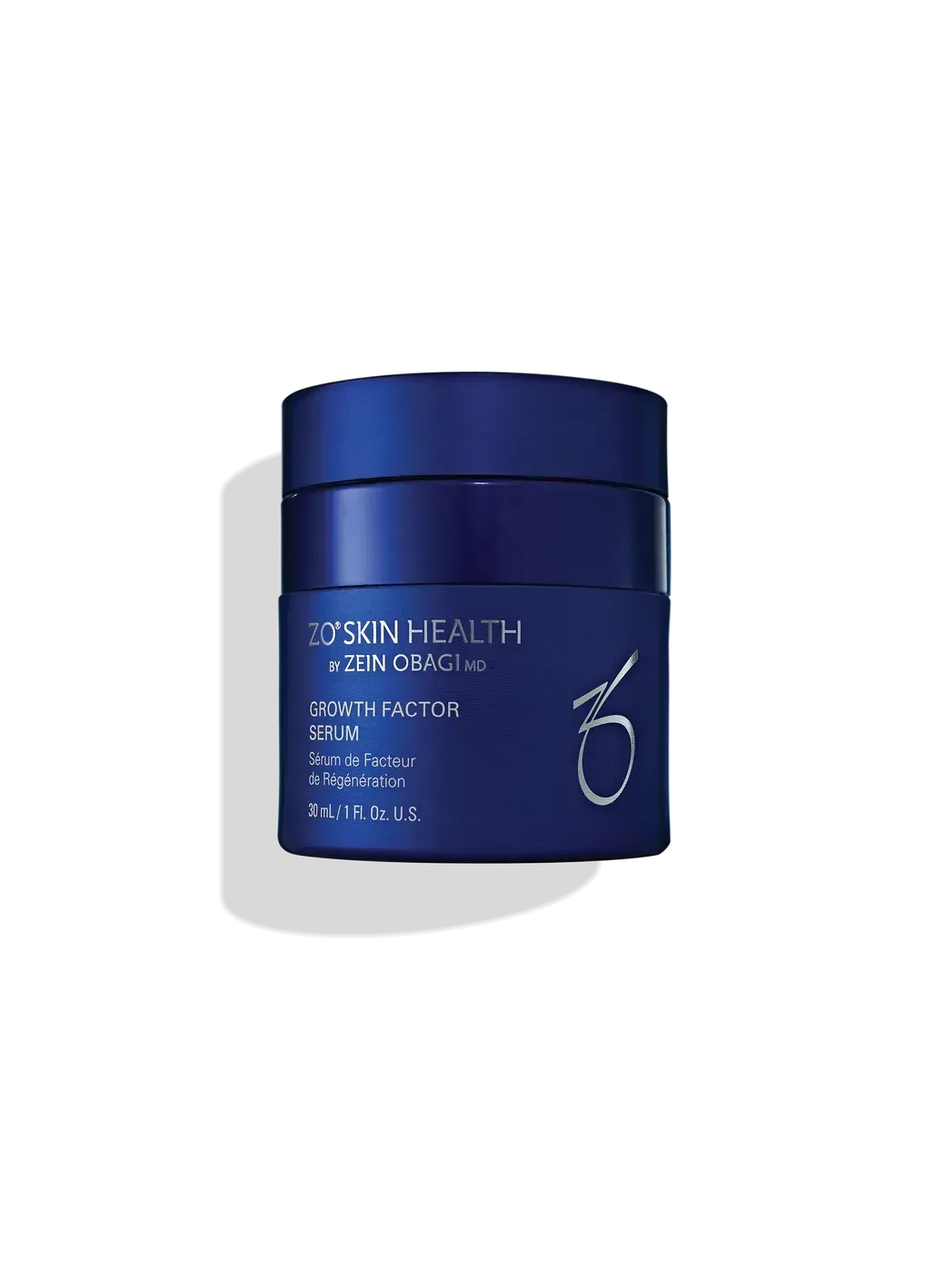 Blue skincare cream jar with white text on a plain white background