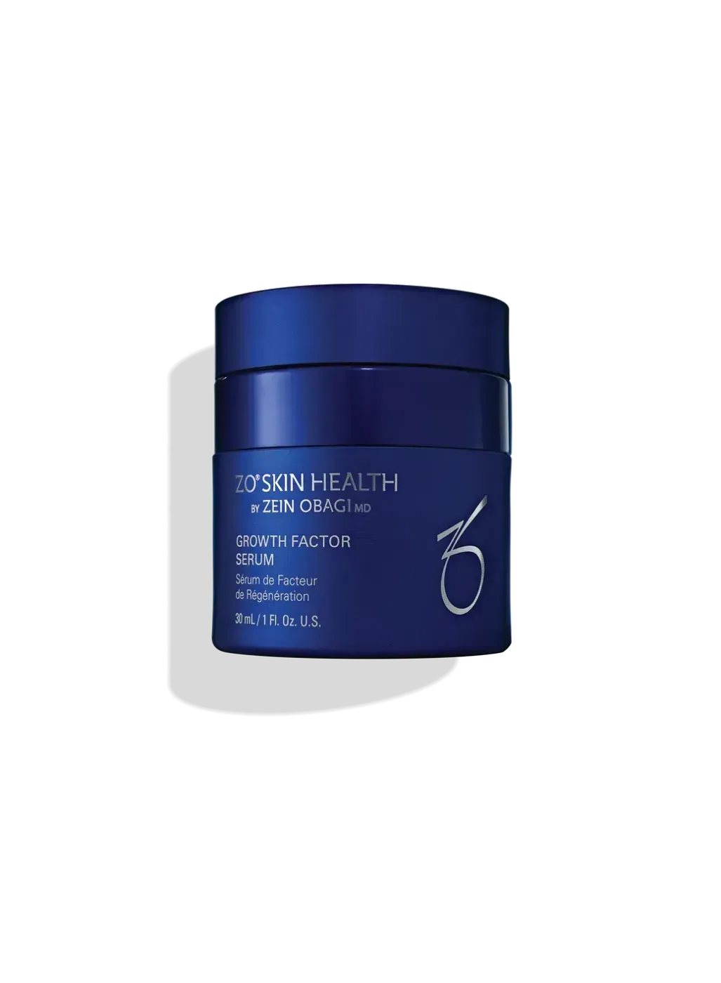 Blue cosmetic cream jar on a white background with a silver label and lid