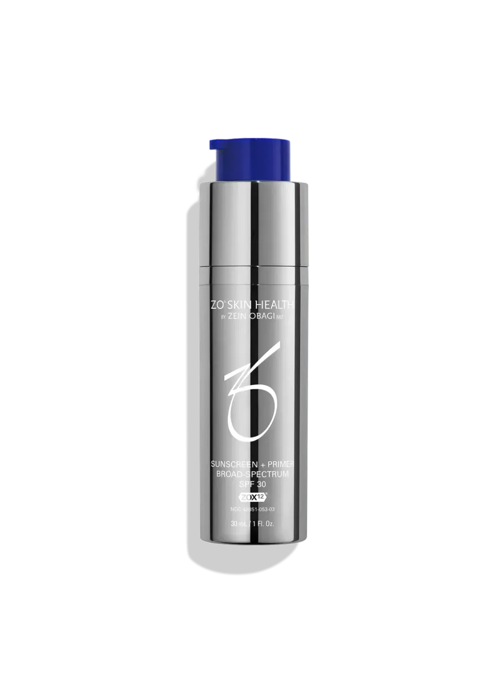 Silver cosmetic bottle with blue cap on a white background